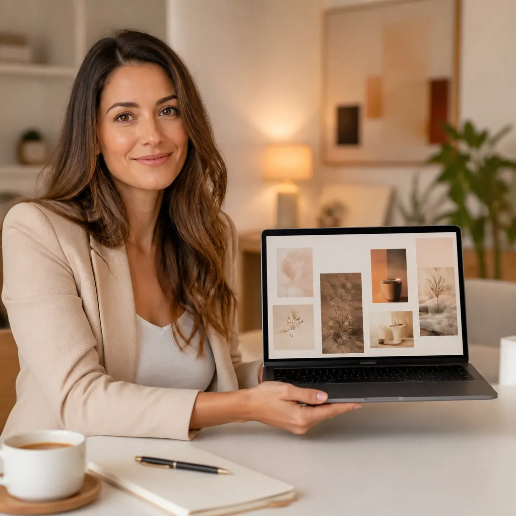 Mulher confiante apresentando seu produto digital no notebook